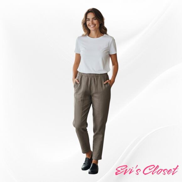 Mia inspiration Linen Blend Pants Relaxed Fit Elastic Waist Band Taupe Sz L - Picture 2 of 8